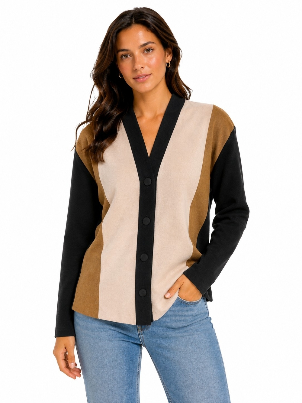 Koret Vintage Black, Tan & Cream Colorblock Button Cardigan